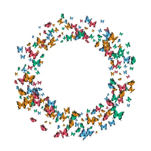 Vector illustration of Multi-colored butterflies flying in a circle on a white background.