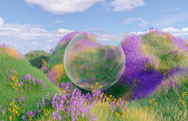istock Abstract spring flower landscape scene with water bubble. 3d rendering. 2096036190