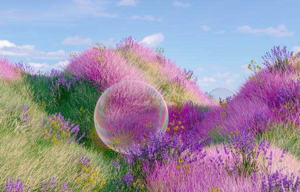 istock Abstract spring flower landscape scene with water bubble. 3d rendering. 2096036199