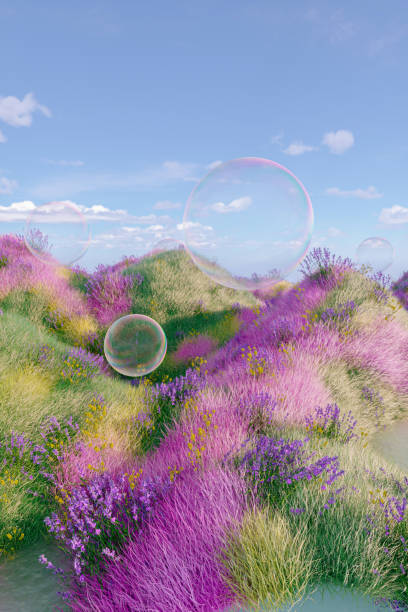 istock Abstract spring flower landscape scene with water bubble. 3d rendering. 2096036203