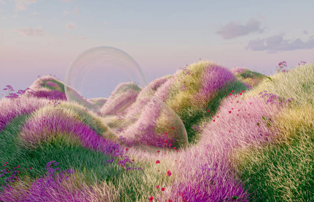 istock Abstract spring flower landscape scene with water bubble. 3d rendering. 2096036213