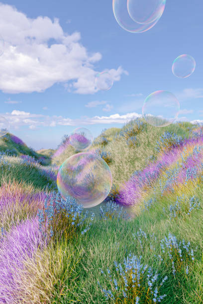 istock Abstract spring flower landscape scene with water bubble. 3d rendering. 2096036214