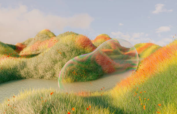 istock Abstract spring flower landscape scene with water bubble. 3d rendering. 2096036215