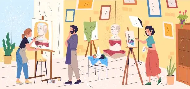 Vector illustration of Painter workshop. Artists painting sculpture picture, art working mastering lessons in studio room, professional painters create drawing at easel, classy artist vector illustration