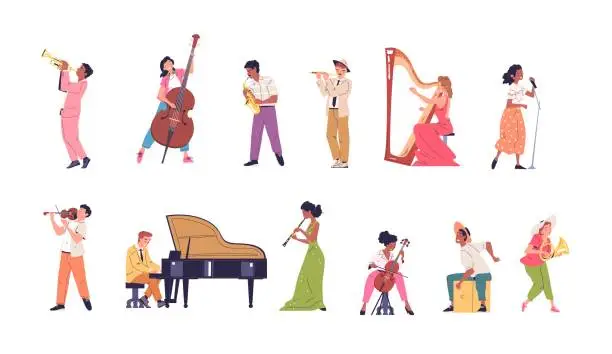 Vector illustration of Musicians orchestra characters. Musician philharmonic band performing opera performance classic musical instrument player trumpet drums sax contrabass, classy vector illustration