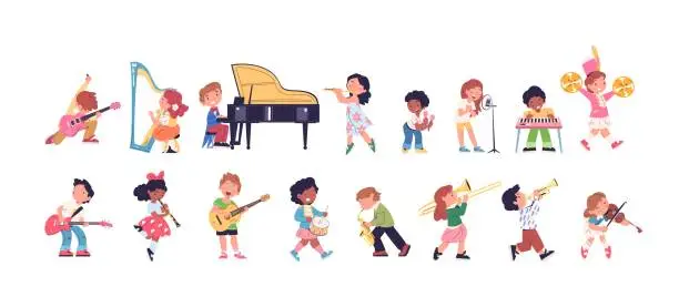 Vector illustration of Kid musician characters. Children playing instruments, young orchestra band music lesson, fun kids play sing drums violin percussion
