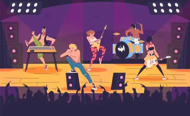 Vector illustration of Rock band characters concert. Rocker musicians group members performing stage, rock star punk music artist guitarist drummer dancing crowd