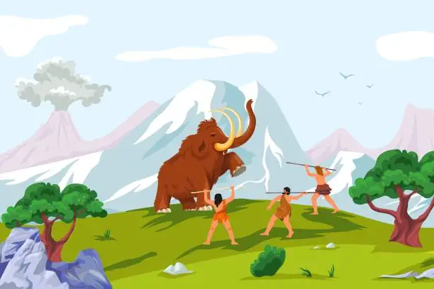 Vector illustration of Mammoth hunting. Woolly mammoths and caveman with primitive spear weapons, neanderthal human hunter animals prey stone age prehistoric period cartoon landscape vector illustration