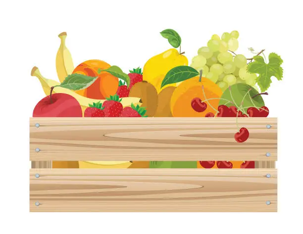 Vector illustration of Wooden crate filled with fresh fruits.