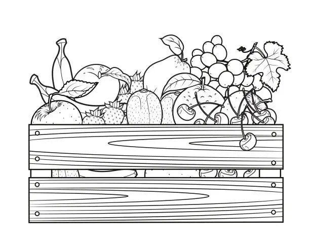 Vector illustration of Wooden crate filled with fresh fruits.