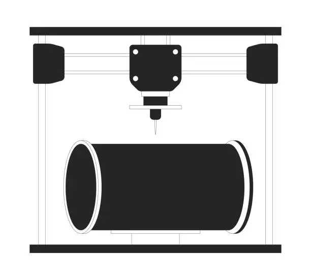 Vector illustration of Pipeline part on 3d printer black and white 2D line cartoon object