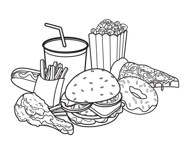 Vector illustration of Fast food lunch meal set. Classic cheese burger, french fries pack, fried crispy chicken leg, glazed donut, soft drink and hot dog.