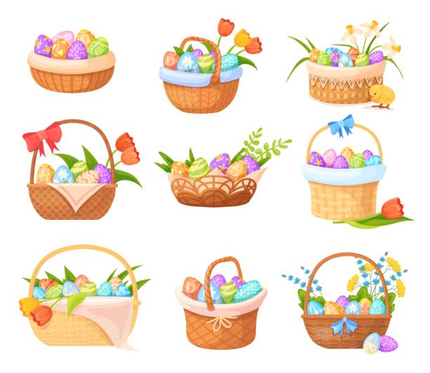 ilustraciones, imágenes clip art, dibujos animados e iconos de stock de cestas de mimbre de pascua. cesta de paja con huevos decorativos pintados, cinta de lazo de regalo de flores de primavera, huevo colorido en asa de cesta marrón para picnic - picnic basket christianity holiday easter