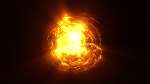 4K Fireball with rays in the dark. Abstract bright sphere