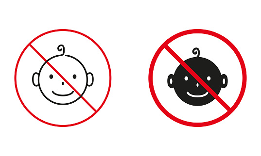 Baby Not Allowed, Danger Game for Child Warning Sign Set. Kid Prohibited, Not Suitable For Children Line and Silhouette Icons. Danger Of Small Part Symbol. Isolated Vector Illustration.