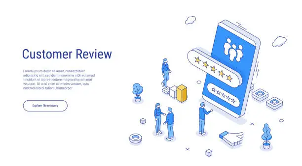 Vector illustration of Online review concept in isometric vector illustration. Customer survey or reputation rating via mobile internet on smartphone. User feedback service on product or app. Outline isometric line style.