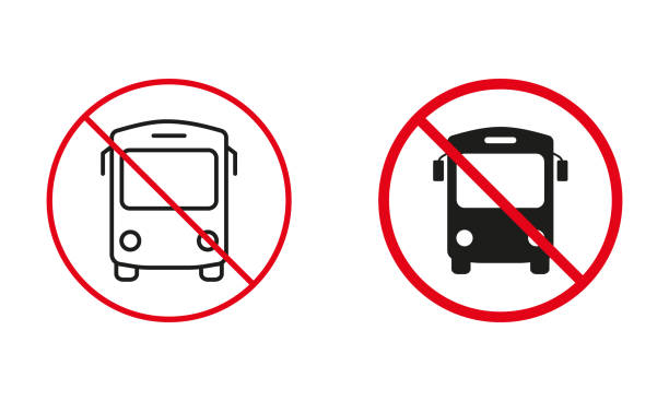 ilustraciones, imágenes clip art, dibujos animados e iconos de stock de autobús no permitido señal de tráfico. conjunto de símbolos de advertencia del círculo de la estación de transporte. señal roja de prohibición de tráfico. línea de transporte público de la ciudad y silueta de iconos prohibidos. ilustración vect - shuttle bus vector isolated on white bus