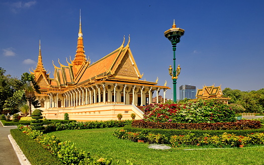 View of the Throne Hall in the Royal Palace of Cambodia, a complex of buildings which serves as the official royal residence of the King of Cambodia. Its full name in Khmer is the Preah Barom Reacheaveang Chaktomuk Serey Mongkol.