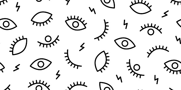 Eye seamless pattern, doodle background, simple character print line design, trendy texture, retro look wallpaper. Black and white vector illustration