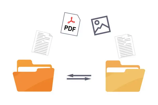 Vector illustration of File transfer computer folder to folder. File sharing file exchange File copying and pasting upload and download concept. Transferring Document, Video, image and PDF Files, data backup Monitor Screen.