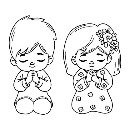 Cute praying children girl and boy. Religious believer little child character on his knees with folded hands in prayer. Vector illustration. Isolated outline hand drawings. Kids collection.