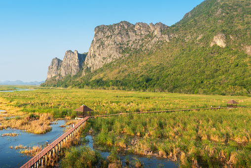 A wooden bridge over a lake with a pavilion on a swamp near the mountain. in Sam Roi Yot National Park Prachuap Khiri Khan, Thailand