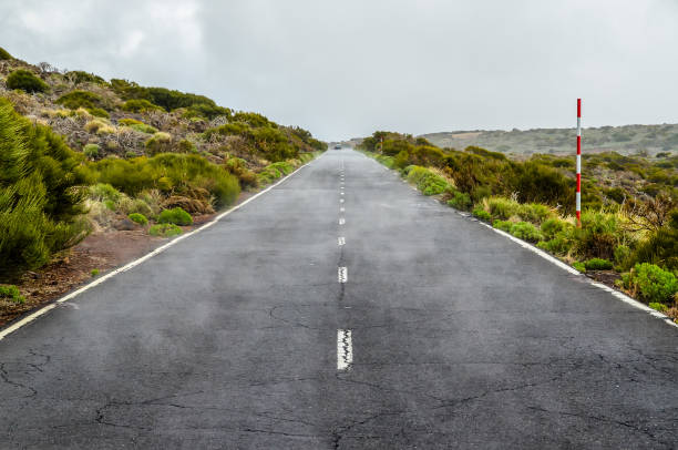 road on cloudy day in el teide national park - image alternative energy canary islands color image imagens e fotografias de stock