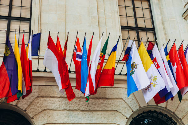 istock National flags of various countries flying in the wind. Colorful flags from different countries. Flags Organization for Security and Co-operation in Europe 2096129715