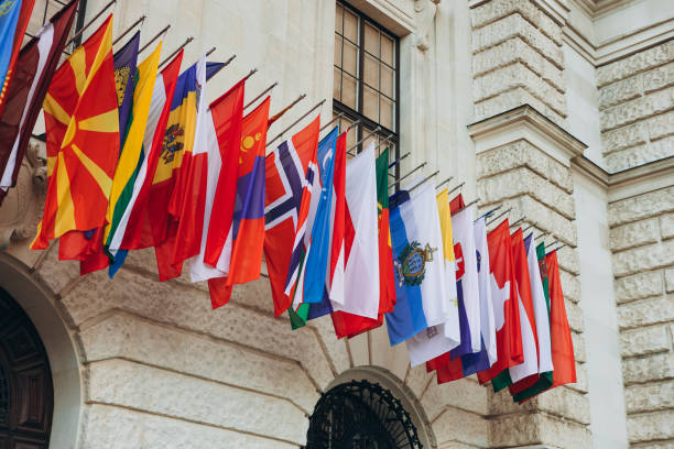 istock National flags of various countries flying in the wind. Colorful flags from different countries. Flags Organization for Security and Co-operation in Europe 2096130533