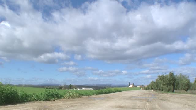 Rapid movement of the clouds because of the strong wind near a cultivation of olive trees