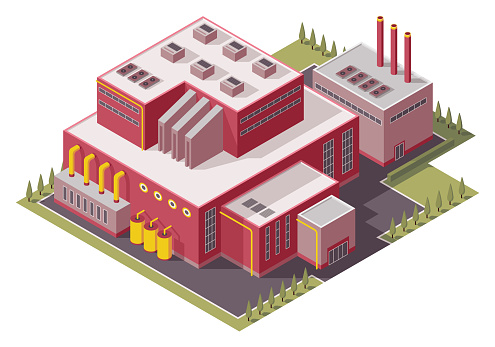 Factory isometric. Architecture of manufactures building. Concept of industrial working plant with chimney tower or pipes. 3d isolated icon.