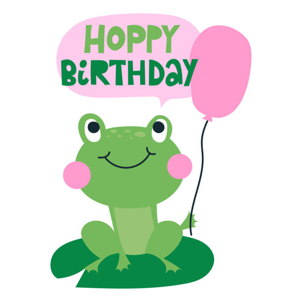 Hoppy Birthday - funny hand drawn doodle, cartoon frog Hoppy Birthday - funny hand drawn doodle, cartoon frog. Good for Poster or t-shirt textile graphic design. Vector hand drawn illustration. Frog Birthday Party. drawing of a happy birthday smiley emoticon stock illustrations