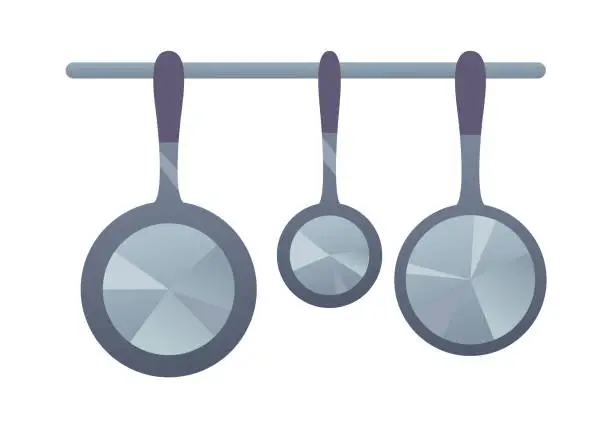 Vector illustration of Hanging pans. Kitchen utensils. Set of frying pan of different sizes