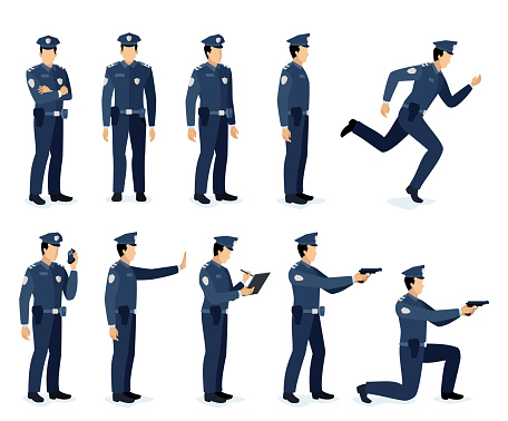 Explore a dynamic collection of cartoon police officer poses, featuring diverse characters in both office and street scenarios.