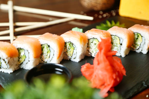 istock Black Plate With Sushi and Chopsticks 2096163482