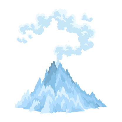 Volcano icon. Magma nature blowing up with smoke. An awakened vulcan activity, smoke element. Volcano eruption. Flat cartoon vector isolated illustration.