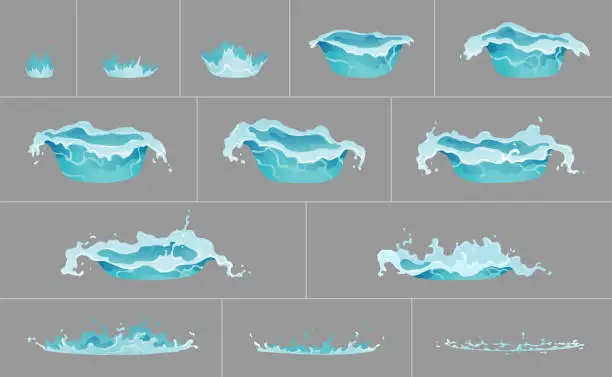 Vector illustration of Water splash animation. Dripping water special effect. Fx sprite sheet. Clear water drops burst for flash animation in games and video. Cartoon frames