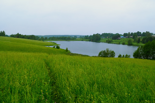 Path in a green meadow. View of the lake on a cloudy day. Beautiful summer landscape.