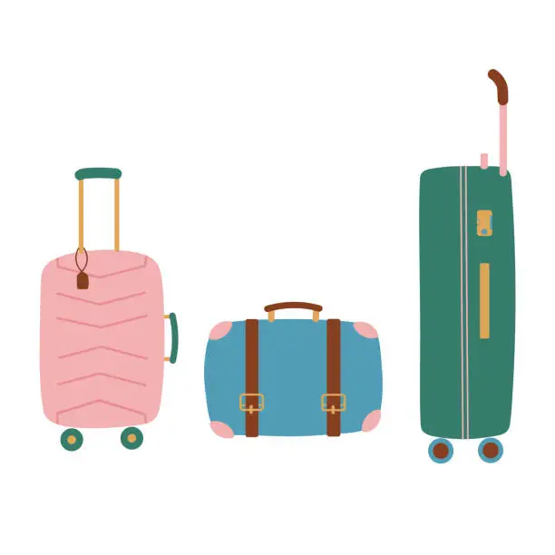 Vector illustration of Travel suitcases hand drawn collection with cabin baggage check in baggage isolated flat vector set illustration cartoon style. Design element for vacation, tourism, holiday