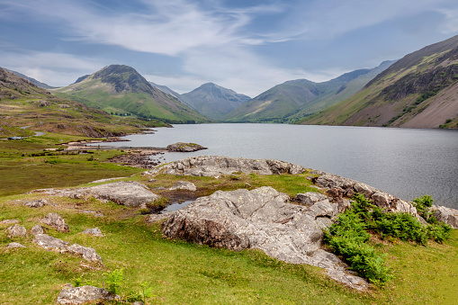 Mountain range including Yewbarrow, Great Gable, Lingmell and Scafell Pike at Wasdale Head looking across Wast Water in the English Lake District.