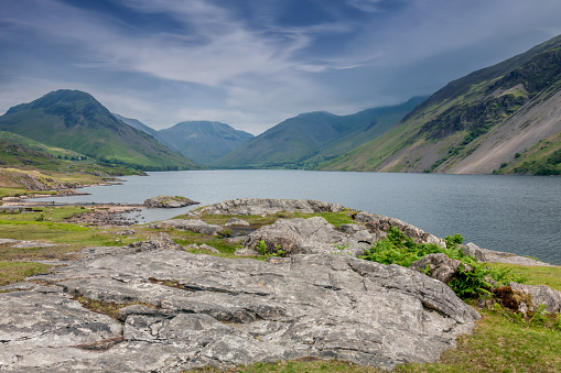 Mountain range including Yewbarrow, Great Gable, Lingmell and Scafell Pike at Wasdale Head looking across Wast Water in the English Lake District.