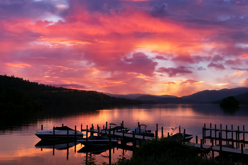 An amazing sunset over Lake Windermere in the English Lake District, Cumbria, North West England, UK.