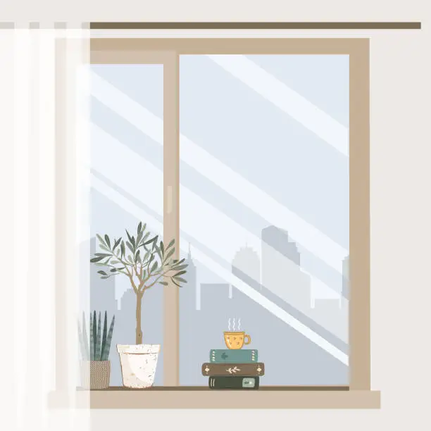 Vector illustration of Cozy window with hot coffee cup, interesting novel books, and cute plants on the window-sill. Foggy foggy city view behind the window. Vector isolated illustration