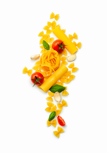 Top view of ingredients for cooking traditional Italian pasta shot, isolated on white background. Studio shot, directly above.