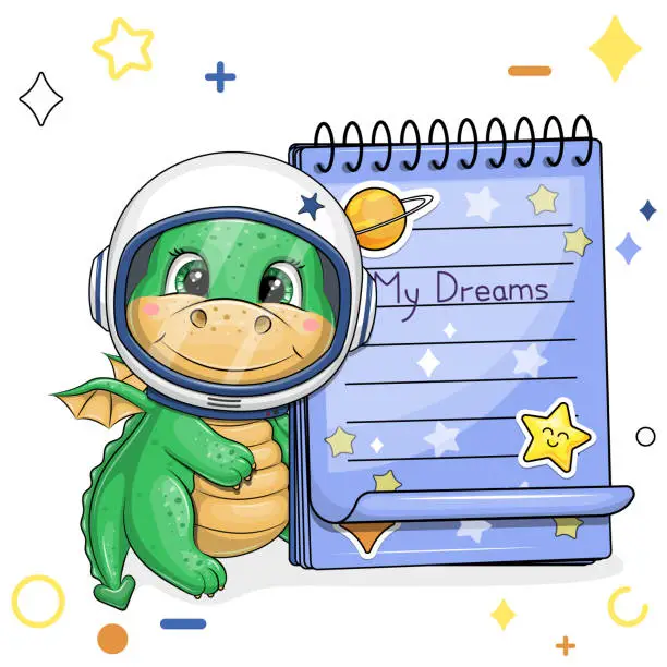 Vector illustration of A cute cartoon astronaut green dragon with a blue notebook with stickers.