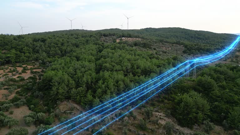 Visualization of energy stream travelling through overhead electrical transfer lines . Sustainable electricity flowing inside web of interconnected cables, 3D render animation