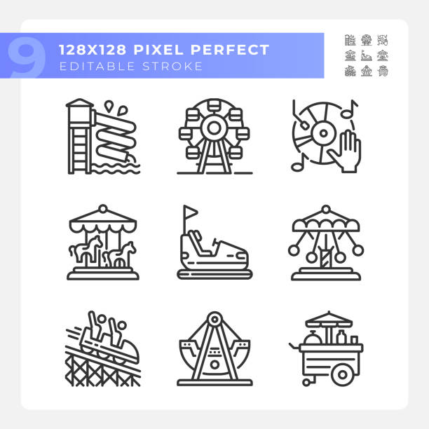 stockillustraties, clipart, cartoons en iconen met amusement park attractions pixel perfect linear icons set - waterpark