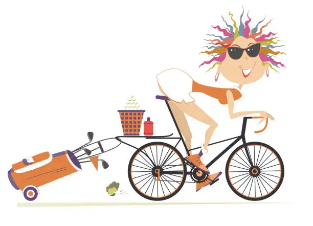 Vector illustration of Young woman on the bicycle on the way to golf course