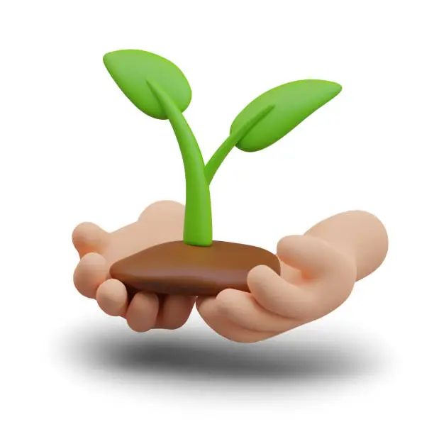 Vector illustration of Hands hold soil with plant. Sprouted grain in palms. 3D sprout, organic products