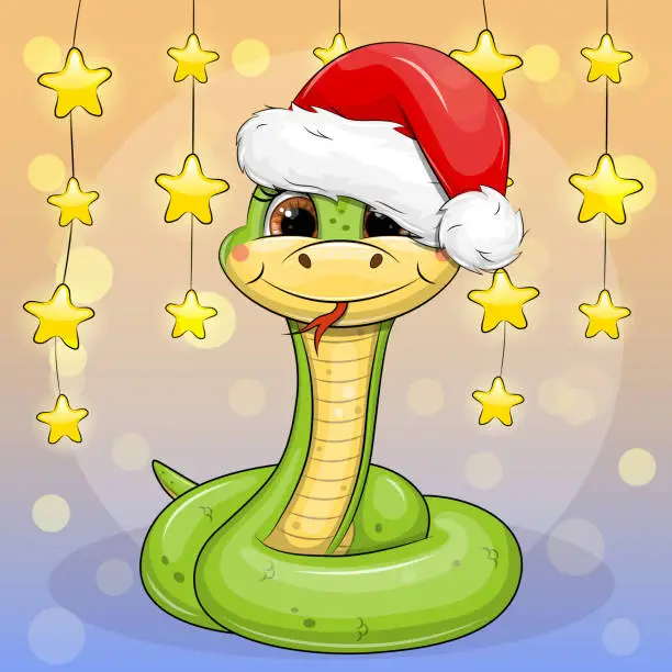 Vector illustration of Cute cartoon green snake with star garland.